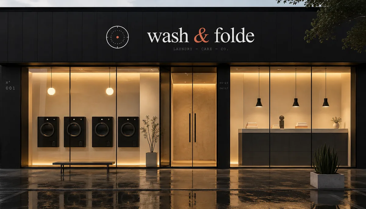 Wash & Folde as designed — illuminated sign, glazed black facade, wall-hung machines and the folding counter at dusk