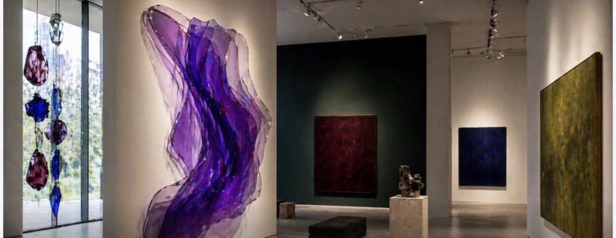 The Orbit gallery with a purple acrylic wave sculpture and hunter green accent wall