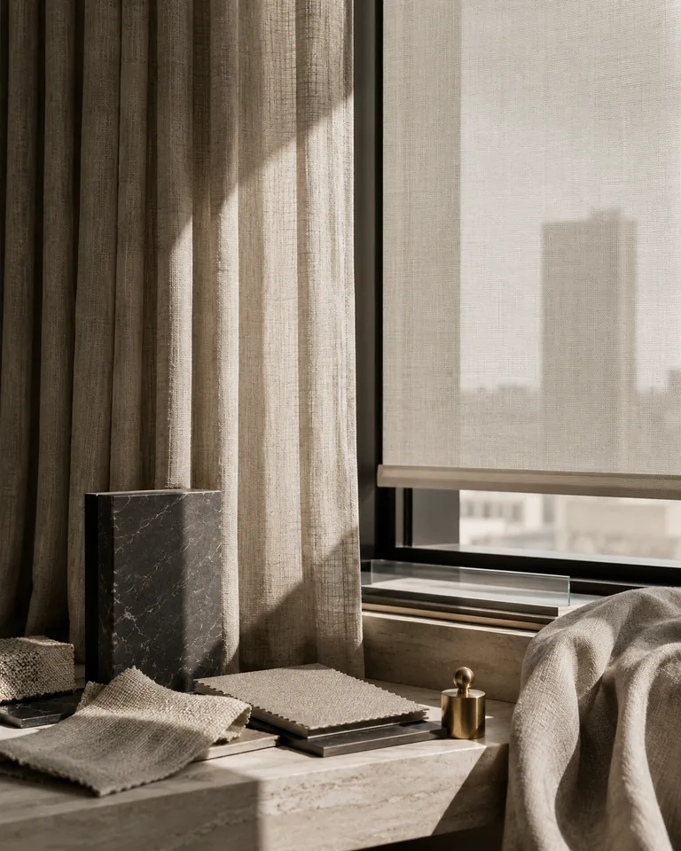 Layered linen drapery and an architectural roller shade at a city window — textile samples on a travertine ledge