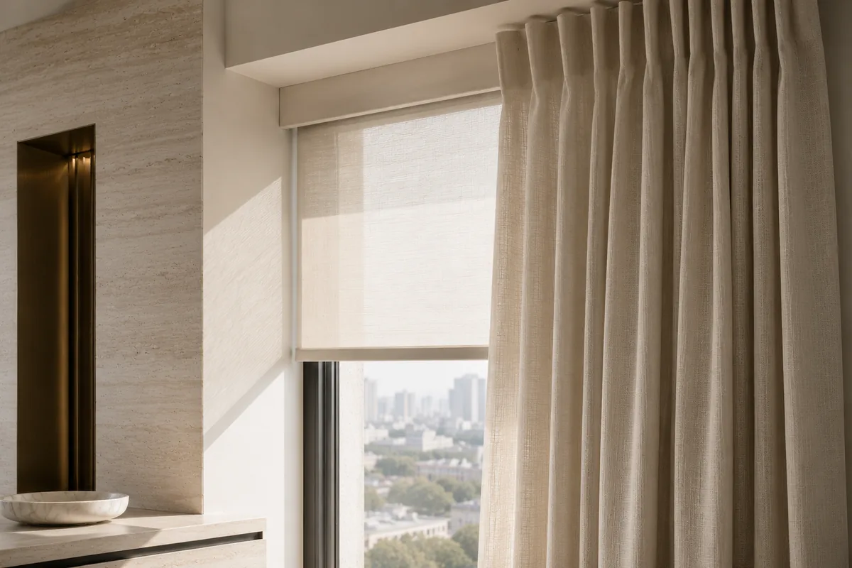 Layered linen drapery drawn over an architectural roller shade — filtered city light, travertine and a bronze niche